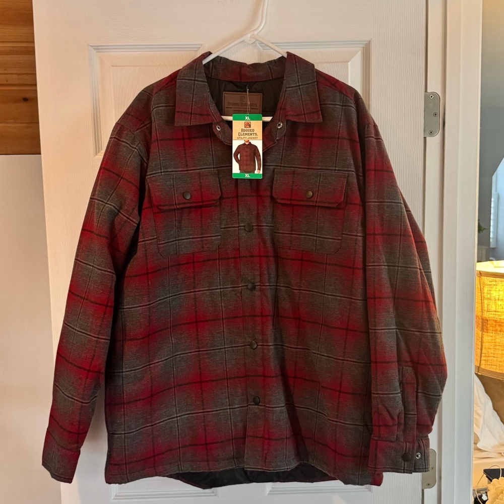 Red and Gray Plaid Utility Jacket